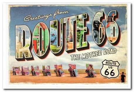 Greetings from Route 66
The Mother Road, with famous Highway Route US 66 sign & artwork depicting the Cadillac Ranch outside of Amarillo, TX